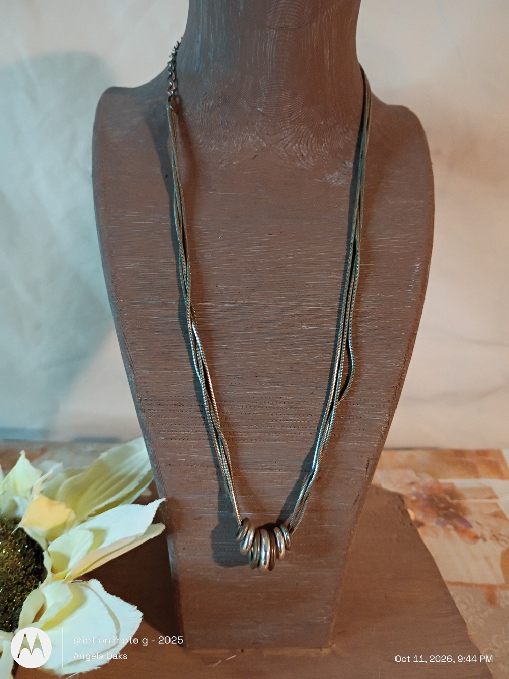 Layered Black and Silver Multi-Strand Necklace with Ring Pendant
